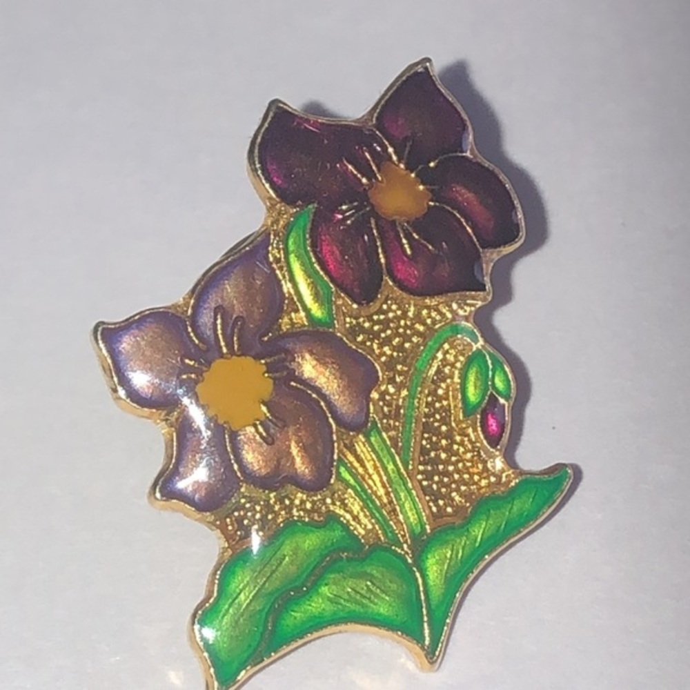 Floral Enamel Vintage Brooch with Gold Tone Accents